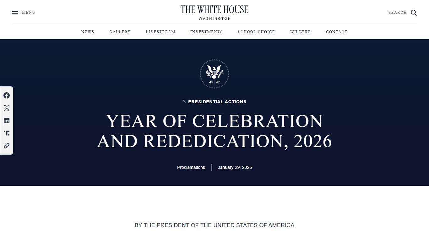 Year of Celebration and Rededication, 2026 – The White House